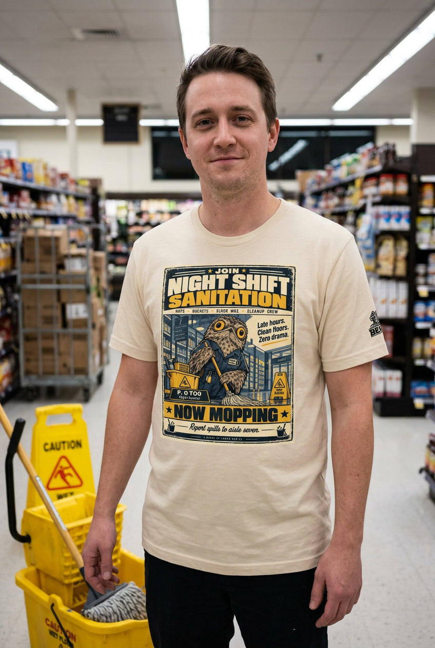 Night Shift Sanitation – Birds of Labor unisex staple T-shirt, soft cream front view mockup