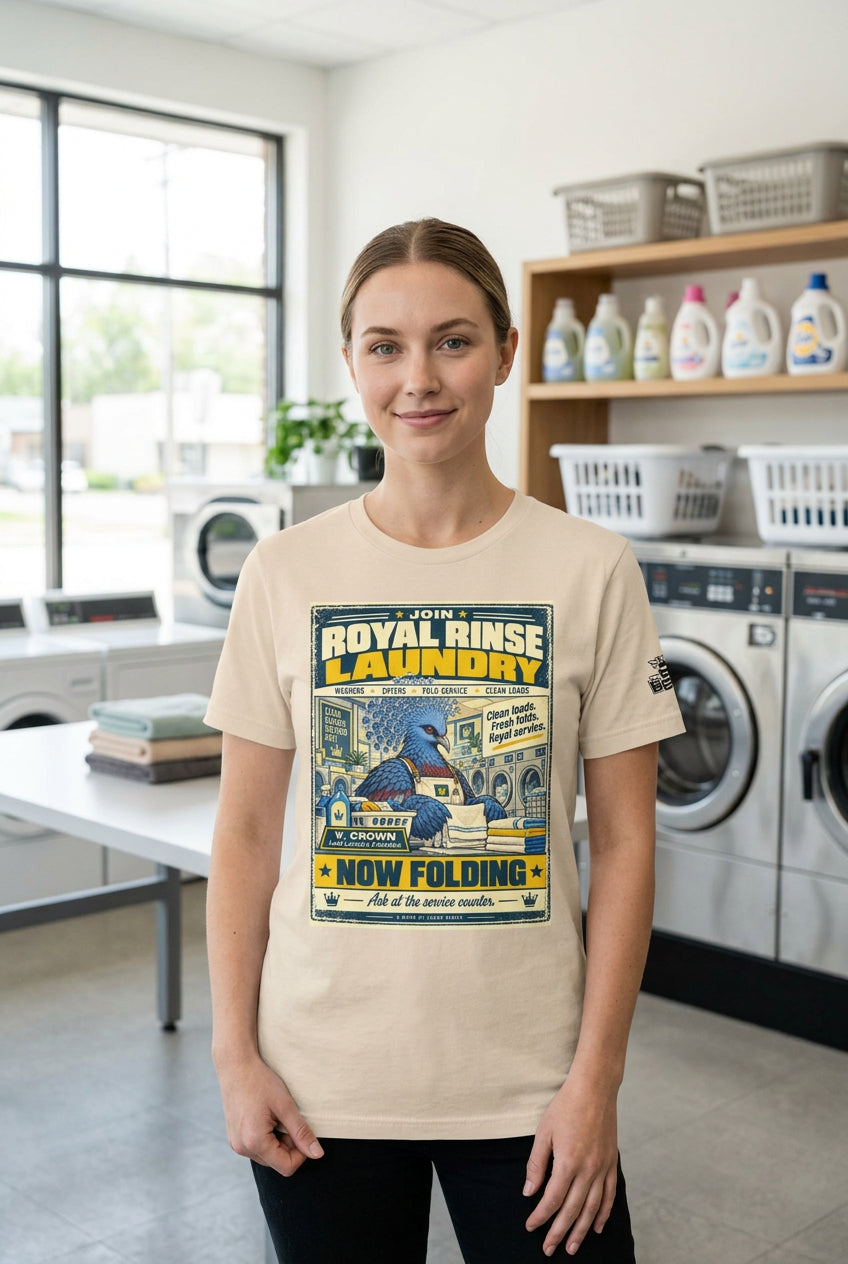 Royal Rinse Laundry – Birds of Labor unisex staple T-shirt, soft cream front view mockup