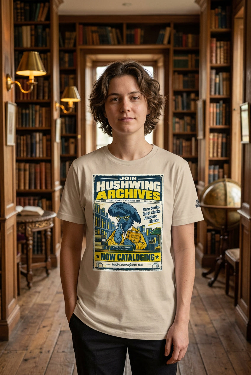 Hushwing Archives – Birds of Labor unisex staple T-shirt, soft cream front view mockup