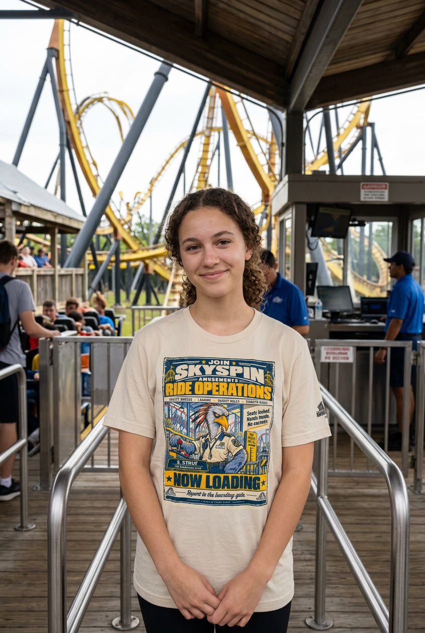 Skyspin Ride Operations – Birds of Labor unisex staple T-shirt, soft cream front view mockup