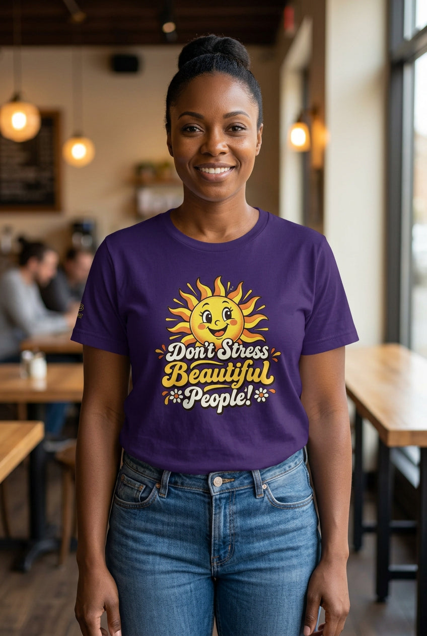 Don’t Stress Beautiful People! unisex staple T-shirt — team purple front view mockup