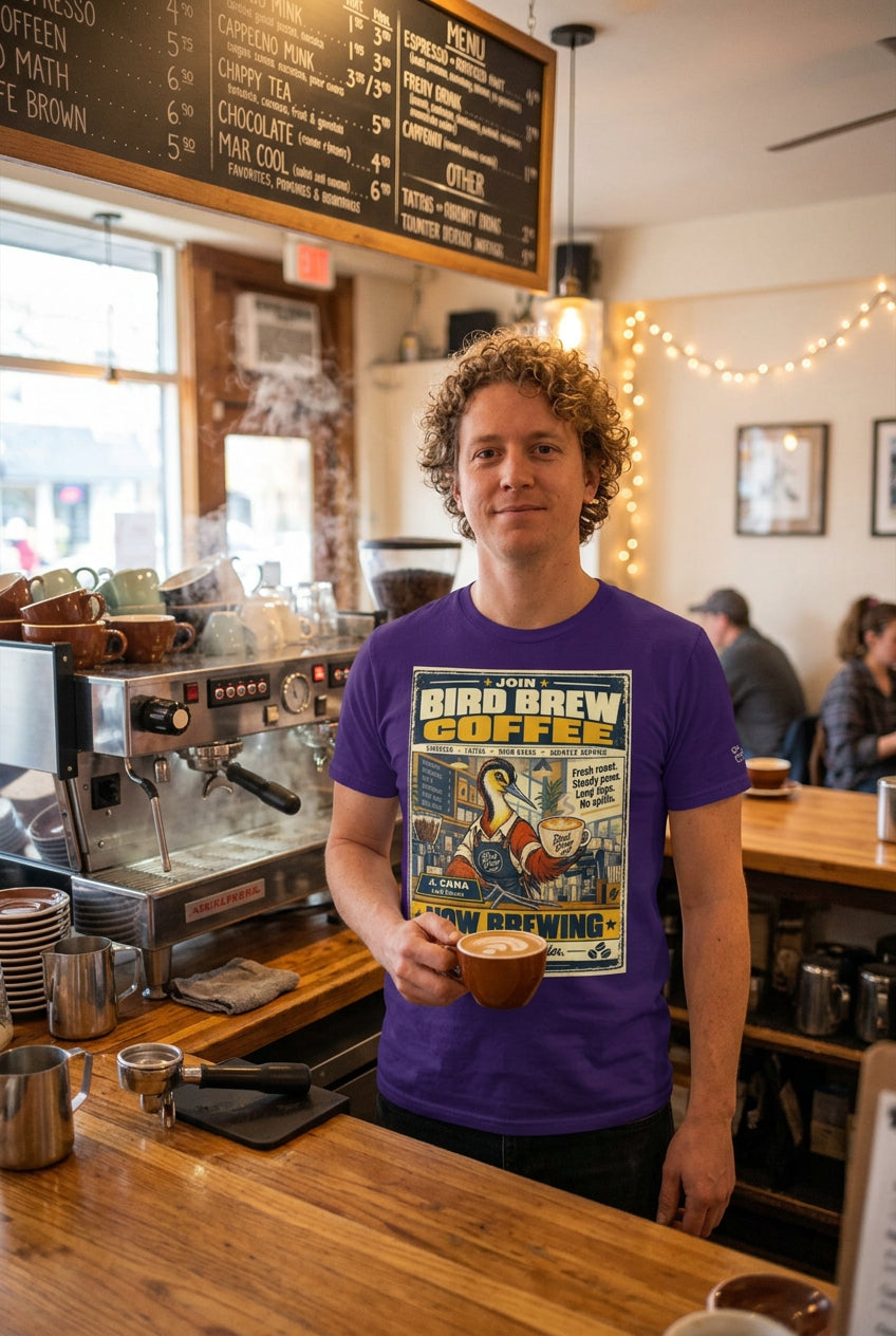 Bird Brew Coffee – Birds of Labor unisex staple T-shirt, team purple front view mockup