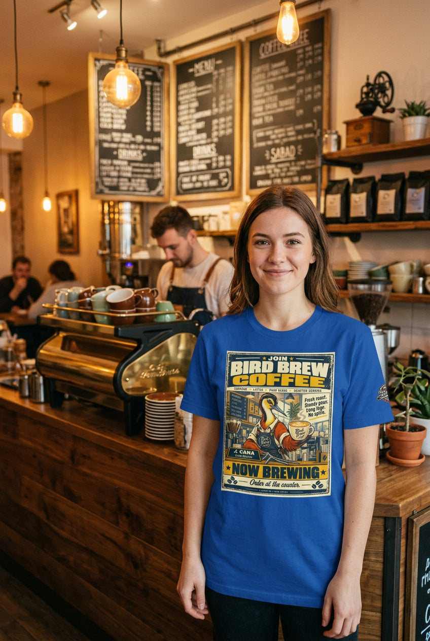 Bird Brew Coffee – Birds of Labor unisex staple T-shirt, true royal front view mockup