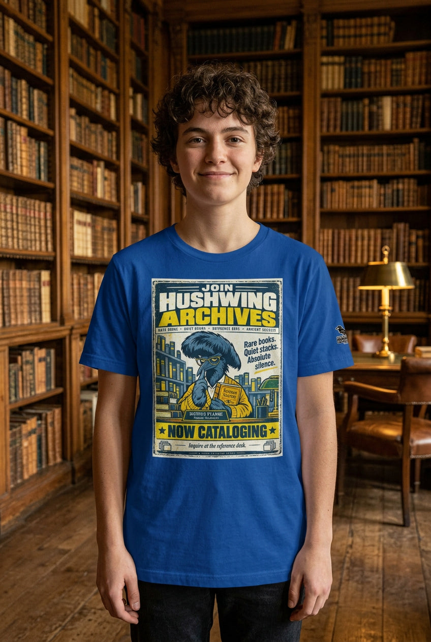 Hushwing Archives – Birds of Labor unisex staple T-shirt, true royal front view mockup