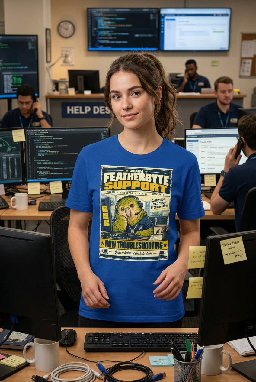 Featherbyte Support – Birds of Labor unisex staple T-shirt, true royal front view mockup
