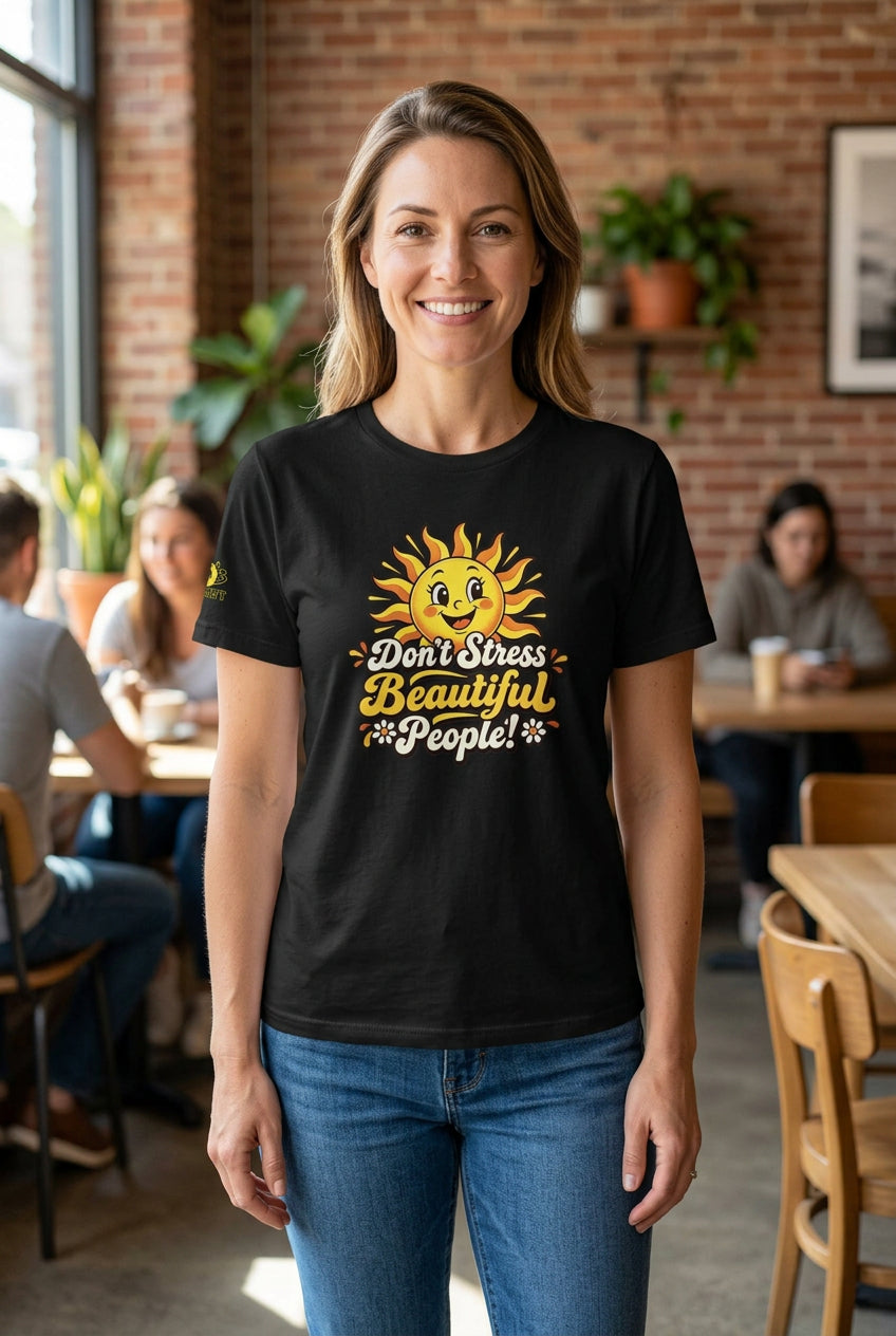 Don’t Stress Beautiful People! unisex staple T-shirt — vintage black front view mockup