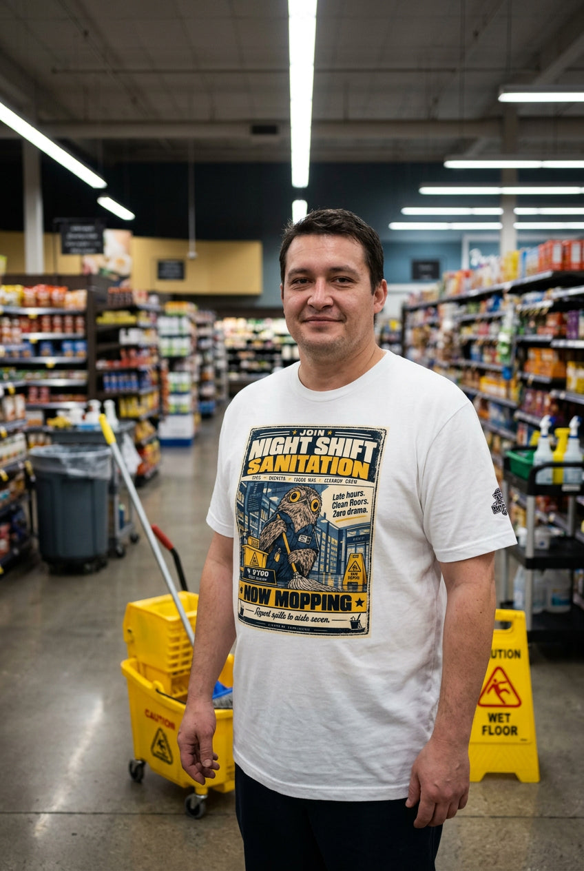 Night Shift Sanitation – Birds of Labor unisex staple T-shirt, white front view mockup