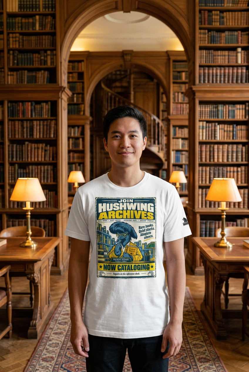 Hushwing Archives – Birds of Labor unisex staple T-shirt, white front view mockup